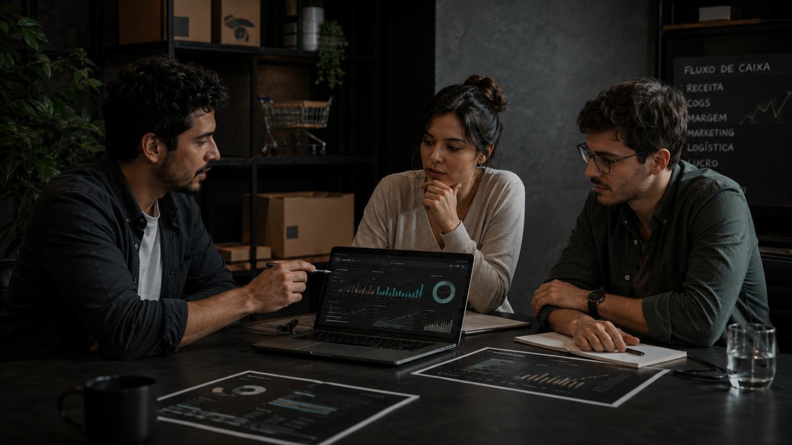 Empresários analisando indicadores financeiros em um notebook